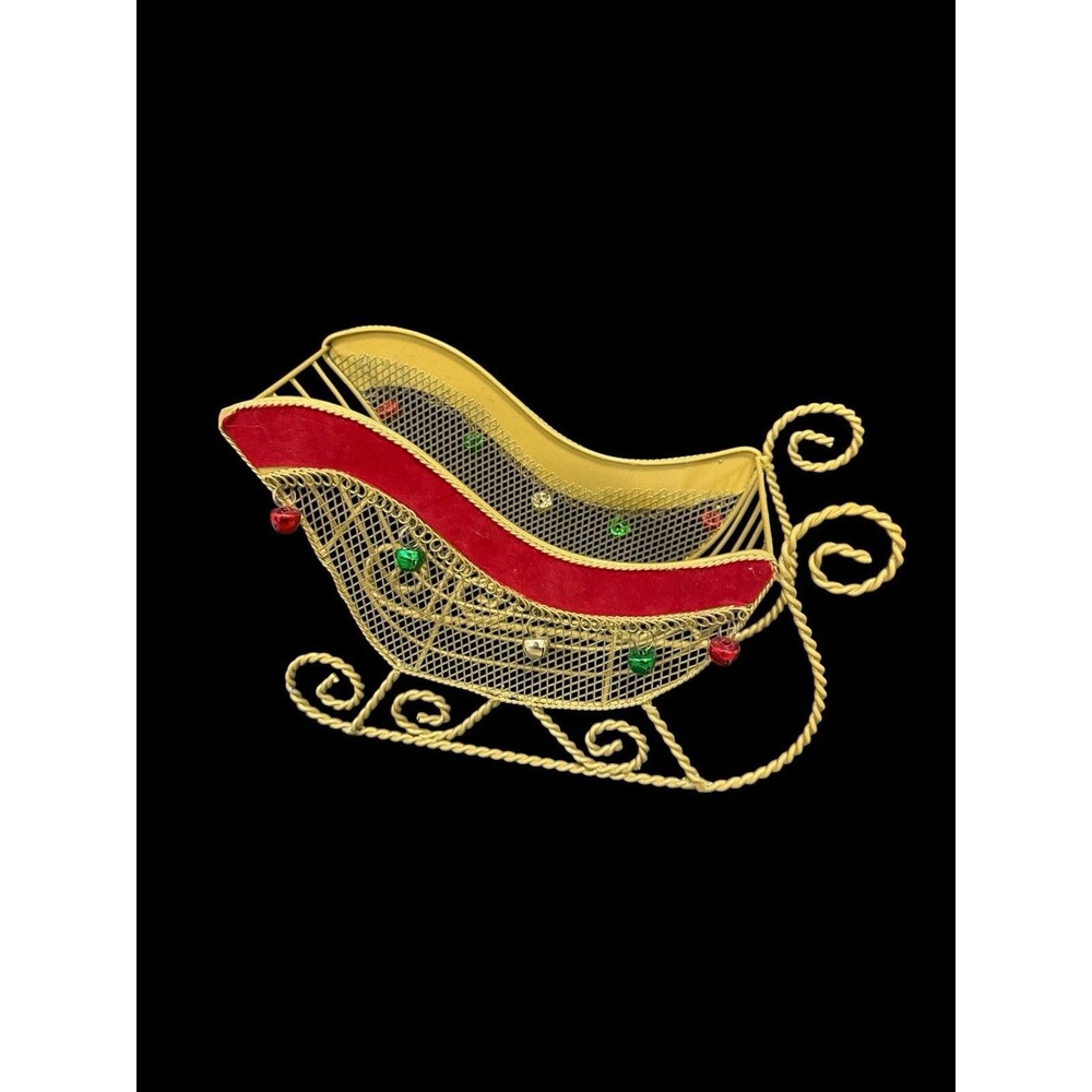 Vtg Metal Sleigh Jingle Bells Velvet  Ribbon Trim Gold Mesh Centerpiece
